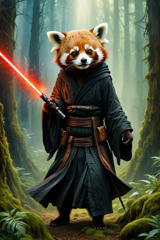 Art by Mandy Disher, digital art 8k, Jean-Baptiste Monge style, art by Cameron Gray, sacred land, dark forest, anthropomorphic angry red panda wearing black dress, black robe, dynamic pose, holding one lightsaber, close-up, masterpiece, best quality, high quality, moss, temple background, complementary colors, extremely detailed, volumetric clouds, stardust, 8k resolution, watercolor, Razumov style. Artwork by Razumov and Volegov, Artwork by Carne Griffiths and Wadim Kashin rutkowski repin artstation surrealist painting, 4k resolution blade runner, sharp focus, light emitting diodes, smoke, artillery, sparks, rack, system unit, artstation Surrealistic painting detailed figure concept art design matte painting