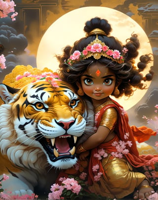very beautifull cute adorable little teen happy girl Durga maa, wearing traditional hindu saree, gold bell, sitting on a giant traditional warrior tiger, in Japan flower cgsocaity 21, anime style, 8k resolution, photorealistic masterpiece, intricately detailed fluid gouache painting by Jean Baptiste Monge, acrylic: colorful watercolor art, cinematic lighting, maximalist photoillustration, concept art intricately detailed, complex, elegant, expansive, fantastical, psychedelic realism, flower crown, giant moon in epic sky, perfect hand. 5 fingers, beautiful kind eyes, full goddess Vibe, vibrant cinematic super super realistic ,Gopn1k, noble works, art in artstation, ANIME_MaMiSun_ownwaifu,Leonardo Style, illustration,more detail XL