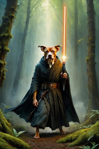 Art by Mandy Disher, digital art 8k, Jean-Baptiste Monge style, art by Cameron Gray, sacred land, dark forest, anthropomorphic angry pitbull wearing black dress, black robe, dynamic pose, holding a lightsaber, sunglasses, close-up, masterpiece, best quality, high quality, moss, temple background, complementary colors, extremely detailed, volumetric clouds, stardust, 8k resolution, watercolor, Razumov style. Artwork by Razumov and Volegov, Artwork by Carne Griffiths and Wadim Kashin rutkowski repin artstation surrealist painting, 4k resolution blade runner, sharp focus, light emitting diodes, smoke, artillery, sparks, rack, system unit, artstation Surrealistic painting detailed figure concept art design matte painting