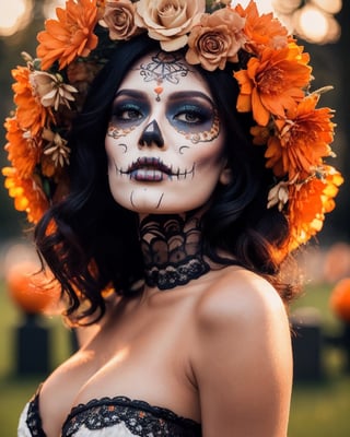 Best quality,8k,32k,Masterpiece, (UHD::1.2),full body potrait of a woman with Catrina makeup,dia de los muertos,white make up,orange,black makeup,emulating a skull with the make up,orange flowers as ornament in hair,many orange flowers,wearing a gown,and attractive features,eyes,eyelid,focus,depth of field,film grain,ray tracing,contrast lipstick,slim model,detailed natural real skin texture,visible skin pores,anatomically correct,night,cemetary background,Catrina