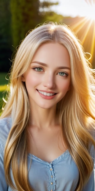 A cute woman with long, flowing blonde hair, grey eyes, glossy lips - her expression is one of joyful contentment as she gazes warmly into the camera, sun is shining, happy,more detail XL,FilmGirl