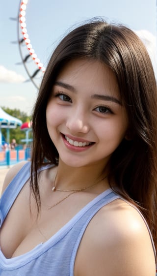 Cute girl, a girl is smiling beautifully at you at an amusement park where the blue sky and sunny weather show the beauty of light. She's a teenage girl and she has such clear skin and beautifully dressed casual clothes.