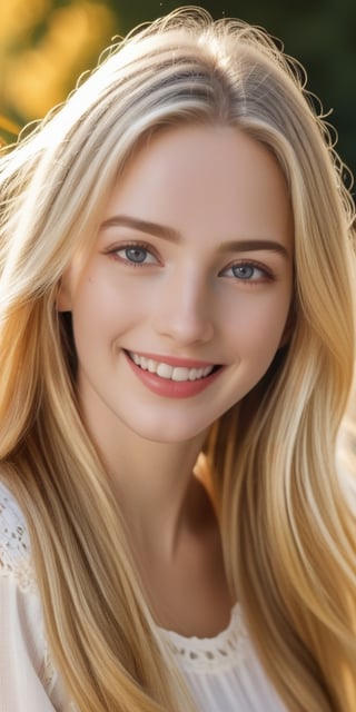 A cute woman with long, flowing blonde hair, grey eyes, glossy lips - her expression is one of joyful contentment as she gazes warmly into the camera, sun is shining, happy,more detail XL,FilmGirl