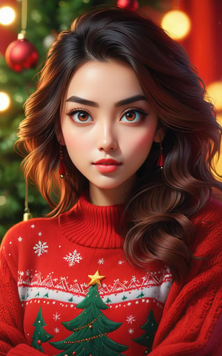 Very detailed illustration of attractive woman with beautiful detailed eyes in red sweater looking at camera against very beautiful christmas tree background, rocker style, art of sunset, MSchiffer,GdClth,ayaka_genshin