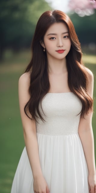 Ultra-high definition, studio lighting, cherry blossoms blowing like rain, grass, a beautiful woman with long hair. White dress, beautiful body line, better hands