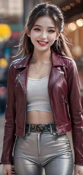 1 woman, full body, sexy, powerfulGorgeous eyeshadow, gorgeous eyemake, 23 years old, gray eyes, gorgeous leather jacket, colorful pants, straight long pigtails, beautiful laughter, bursting laughter, epic details 8k, ultra high definition, gold neckless, Canon EOS 5D,  ...