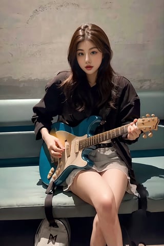 High Definition, 8K Ultra HD, Express a beautiful girl sitting on a bench and playing guitar
