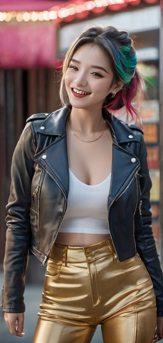 1 woman, full body, sexy, powerfulGorgeous eyeshadow, gorgeous eyemake, 23 years old, gray eyes, gorgeous leather jacket, colorful pants, straight long pigtails, beautiful laughter, bursting laughter, epic details 8k, ultra high definition, gold neckless, Canon EOS 5D,  ...