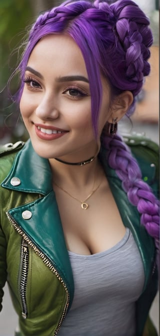 1 Mexican woman in her 20s with bold braided purple and green hair and leather jacket, full body, sexy, powerful, gorgeous eyeshadow, gorgeous makeup, grey eyes, colorful leather jacket, colorful pants, straight long pigtails, beautiful laughter, bursting laughter, epic details 8k, ultra high definition, gold neckless, Canon EOS 5D, 