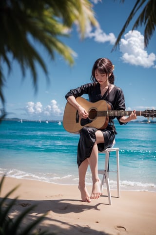 In this photographic scene, a woman finds solace on a beach, her toes sinking into the golden sand. The sound of her guitar resonates through the air as the sun reaches its peak, creating peaceful midday vista.,raidenshogundef