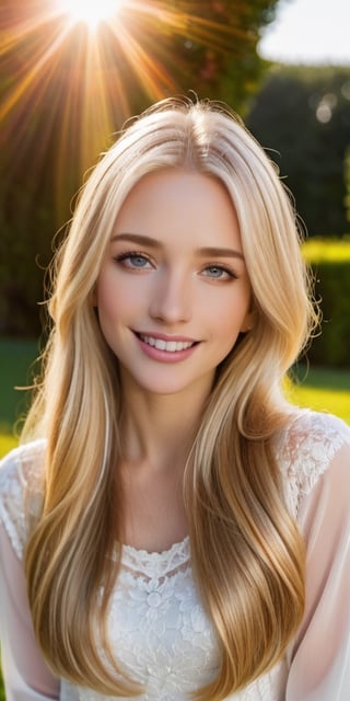 A cute woman with long, flowing blonde hair, grey eyes, glossy lips - her expression is one of joyful contentment as she gazes warmly into the camera, sun is shining, happy,more detail XL,FilmGirl