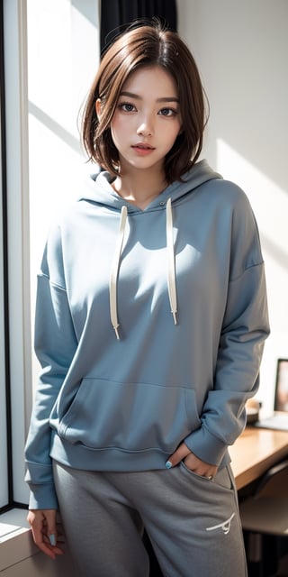 Realistic, girl photo, short hair style, hoodie, sweatpants, studio lighting,