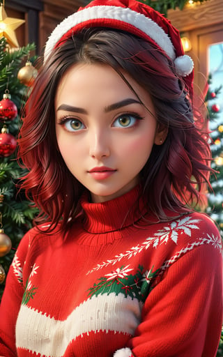 Very detailed illustration of attractive woman with beautiful detailed eyes in red sweater looking at camera against very beautiful christmas tree background, rocker style, art of sunset, MSchiffer,GdClth,ayaka_genshin,santa_dress