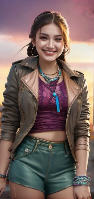 1 Mexican woman in her 20s with thick braids and leather jacket, full body, sexy, powerful, gorgeous eyeshadow, gorgeous eyemake, grey eyes, colorful leather jacket, colorful pants, straight long pigtails, beautiful laughter, bursting laughter, epic details 8k, ultra high definition, gold neckless, Canon EOS 5D, ,make_3d