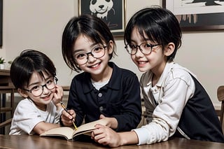 two cute kids（（one girl,one boy（boy wearing glasses）,big eyes,smile,））,Sit side by side at the desk looking at a panda （on the table）,3d_(artwork) ,short hair,