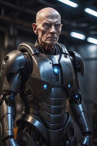 A realistic full body photograph of a creepy 70-year-old white man, with an intimidating expression, bald, no beard, scary ugly face, very thin and decrepit face, deep blue eyes, inside a colossal futuristic robotic black full body armor, dramatic illumination, hyperdetailed, hyperrealistic, 8 k