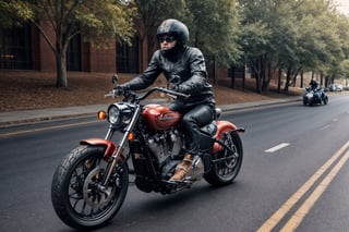 absurdres, highres, ultra detailed, (1girl:1.3), BREAK ,moter bike suit, motor,bike,The feeling of driving down the road at high speed,Running with the front wheel,Raise the front wheel of your motorcycle, ((bobber harley davidson))