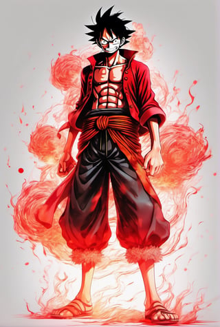 full body, ink style, luffy one piece character, posing, white background, High detailed , ,neon photography style red glow, red smoke, (masterpiece)