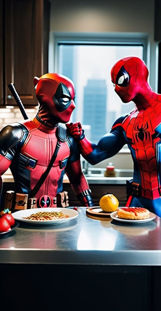 Explore an intriguing twist with an unexpected scenario: deadpool and spider man teaming up in the kitchen. Envision a super-real image of these iconic characters cooking together, infusing humor and camaraderie into the scene. Capture the essence of their personalities against a backdrop that blends superhero vibes with culinary charm,cyberpunk style