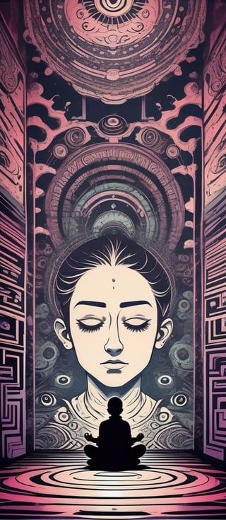 A young person meditating in a strange room  psychedelic, repetitive patterns with eyes surrounding in walls and background the character, 2D, ink, handmade design, vintage art, dark atmosphere, complex background, mystical, spiritual trippy