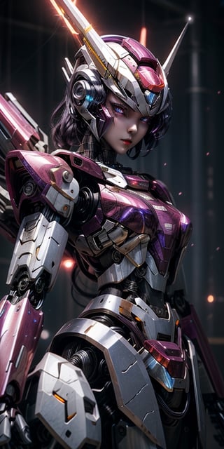 concept silver mecha  girl dark purple in dark red firing ambient cyberpunk reds glow eyes blue electrick sparks
high res, high quality, skinny, photorealistic, realistic lights red, ((masterpiece)), ,photostudio, aesthetic,mecha,hightech_robotics,glitter