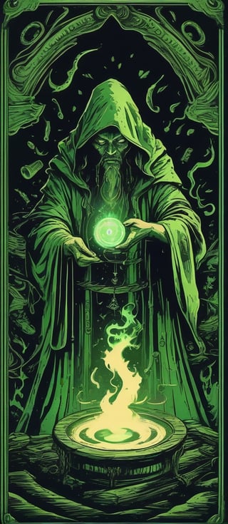 A green mage conjuring , ink, handmade design, vintage art, dark atmosphere, complex background, mystical, spiritual trippy, psichedelic ambient