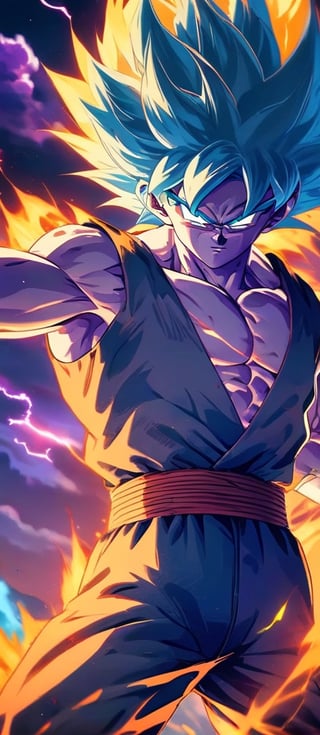anime super Saiyan Goku, detalied anime face blue eyes, unleashes a massive energy wave while standing on top of a mountain, the surroundings are filled with lush greenery, and the sky is a mix of blue and purple hues. (Orange smoke light energy emanates from Goku's entire body). The energy wave is bright blue with electric sparks around it. (anime:1.2), (dramatic lighting:1.1), (vibrant colors:1.3), (cell-shaded:1.1), (dynamic composition:1.2) 
,neon photography style