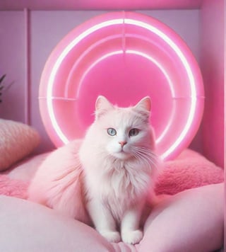 pink white haried  cat warm sweet room, light soft pink, glow , natural reflections, aesthetic style, , glazzing room,lofi,Bluey Style,neon photography styl,aw0k dalle