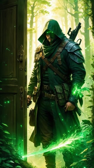 a man with guns opening in a Wood door, in the forest kind-hearted with a penetrating gaze,  green glow, extremely detailed and, ethereal, magical glow,fantasy art , sharp focus, , light particles.,EpicSky,photostudio,photo r3al
