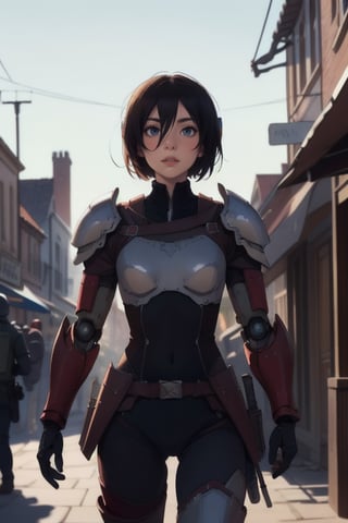 mikasa akerman, add a robotic armor, blue light, cables running out the armor, add a helmet that covers half of the face, in the background add a old town full of people, blur background