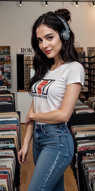 Close-up shot of Reislin-inspired woman, surrounded by vinyl records in a nostalgic record store setting. Soft, warm lighting casts a flattering glow on her porcelain skin, almost translucent. Her messy black hair frames her sultry gaze, as she indulges in her favorite tunes with headphones wrapped around her ears. She's dressed casually yet stylishly in faded jeans and a vintage rock band t-shirt. The subtle smile playing on her lips seems to convey intimate secrets, inviting the viewer to lean in closer.