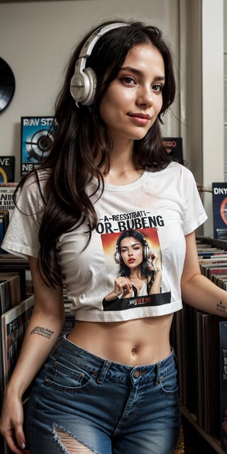 Close-up shot of Reislin-inspired woman, surrounded by vinyl records in a nostalgic record store setting. Soft, warm lighting casts a flattering glow on her porcelain skin, almost translucent. Her messy black hair frames her sultry gaze, as she indulges in her favorite tunes with headphones wrapped around her ears. She's dressed casually yet stylishly in faded jeans and a vintage rock band t-shirt. The subtle smile playing on her lips seems to convey intimate secrets, inviting the viewer to lean in closer.