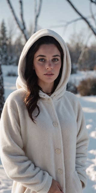 Photorealistic analog portrait of a 25-year-old French woman in winter, captured outdoors while wearing a hoodie. The composition adheres to the rule of thirds, featuring dramatic lighting that accentuates her medium hair and detailed face. Noteworthy elements include freckles, a collar or choker, and a subtle smirk. The woman is adorned with a tattoo, adding an extra layer of intricacy. The background, rendered in raw and realistic detail, contributes to the overall atmosphere. The analog approach ensures a genuine and raw quality to the image, emphasizing the woman's unique features within the context of a winter setting.