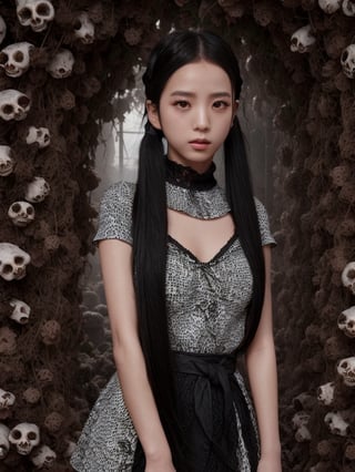 1Girl, youthful, soot-black hair in pigtails, in the middle of a twisted labyrinth of thorn skulls and mist. best quality, ((beautiful eyes)), breasts, sexy posture,jisoo