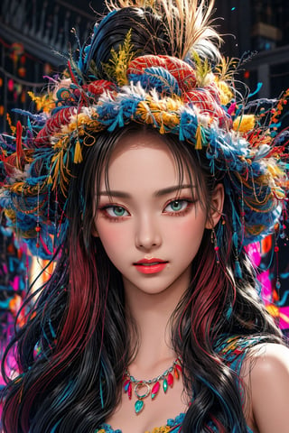1girl, solo, Yukina, oil painting, impasto, looking at viewer, a young woman, 18 years old, red hair, long hair, green eyes, muscular body, big breasts:1.4, tribal necklace, urban psychedelic outfit, psychedelic  background, masterpiece, nijistyle, niji, ,sciamano240, soft shading, yukina, popular fashion