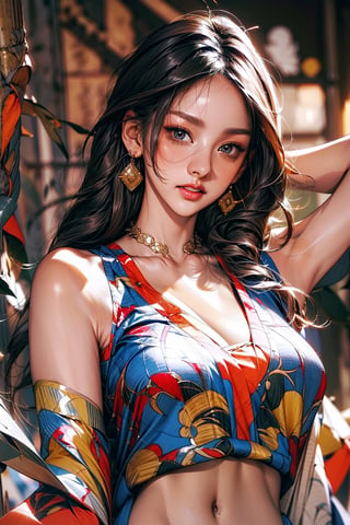 1girl, solo, oil painting, impasto, looking at viewer, 20 year old beautiful Korean idol girl, long straight hair, clear and beautiful eyes, skinny body, (big breasts:1.2), tribal necklace, big ring earrings, psychedelic  background, masterpiece, mini luxury bra, niji, soft shading, ((popular fashion:1.5)), (Showing cleavage), (sexy clothes:1.3), ((long arms:1.5)), (A sexy look that tempts you:1.3), smooth skin, sexy makeup, (thin nose:1.4)