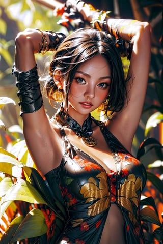 1girl, solo, oil painting, impasto, looking at viewer, 20 year old beautiful Korean idol girl, long straight hair, clear and beautiful eyes, skinny body, (big breasts:1.2), tribal necklace, big ring earrings, psychedelic  background, masterpiece, mini luxury bra, niji, soft shading, ((popular fashion:1.6)), (Showing cleavage), (sexy clothes:1.4), ((long arms:1.5)), (A sexy look that tempts you:1.3), smooth skin, sexy makeup, (thin nose:1.4),Shion face,guweiz style