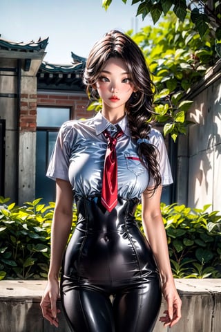 (best quality, highres:1.2), ultra-detailed, realistic, origin, school uniform, 1 girl, (20 year old beautiful Korean girl:1.3), solo, outdoors, looking at the viewer, masterpiece, illustration, (big breasts:0.25), Slim body with perfect proportions
