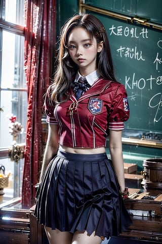 Masterpiece, 8k, highest quality, ultra detail, beautiful detailed face, cinematic lighting, (18 year old beautiful Korean girl: 1.2), school, students, classroom, curtain, finger detail, (big breasts:0.5), (wide hips: 1.6), (slim waist:0.6), detailed background, dynamic lighting, (school uniform: 1.4), detailed school uniform, beautiful long hair blowing in the wind