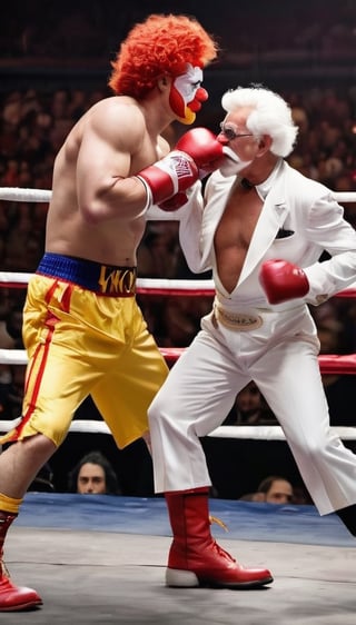 In a stunning display of strength and determination, a shirtless and muscular Colonel Sanders engages in a fierce battle with a clown-like Ronald McDonald inside a boxing arena. The scene is captured in a realistic photography style, emphasizing the raw power and energy of the confrontation.