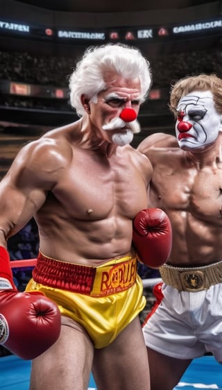 In a stunning display of strength and determination, a shirtless and muscular Colonel Sanders engages in a fierce battle with a clown-like Ronald McDonald inside a boxing arena. The scene is captured in a realistic photography style, emphasizing the raw power and energy of the confrontation.