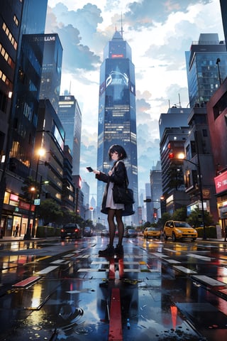 (masterpiece, best quality, highres:1.3), ultra resolution image, Road extending into the distance with a massive mountain range, puddles after rain, skyscrapers and a park along the road, signage hanging, cloudy weather, distant thunderstorm, pedestrians on the sidewalk, traffic lights and road, anime-style, with a sense of perspective and a vast scene.