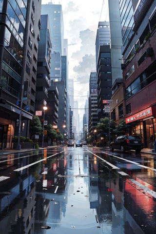 (masterpiece, best quality, highres:1.3), ultra resolution image, A long road leading towards towering mountains, water puddles reflecting the aftermath of rain, high-rise buildings and a park on the roadside, signs hanging, gloomy weather with dark clouds, distant thunderstorm, pedestrians walking on the sidewalk, traffic lights and road, illustrated in a vibrant anime-style. The image should convey a strong sense of perspective, creating a vast and expansive scene.