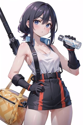 (masterpiece, best quality, highres:1.3), ultra resolution image, woman with a hammer, construction attire, towel around her neck, water bottle in hand, gloves on, against a white backdrop