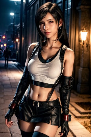 close up portrait, tifa, tifa FF7, tifa_lockhart, tifa lockhart, final fantasy vii remake, 1girl, ankle boots, black hair, black skirt, black thighhighs, boots, breasts, crop top, elbow gloves, elbow pads, suspenders, fingerless gloves, official art, long hair,very detailed image, curvy_figure, mixture of fantasy and realism, hdr, ultra hd, 4k, 8k,perfecteyes,realhands,(Photorealistic: 1.4), top quality, very delicate and beautiful, high resolution,beautiful detailed red eyes, face light, high exposure,(medium_breasts: 1.2),ff7r style, smiling, night, outdoor, unreal engine 5, super realistic, sexy pose,