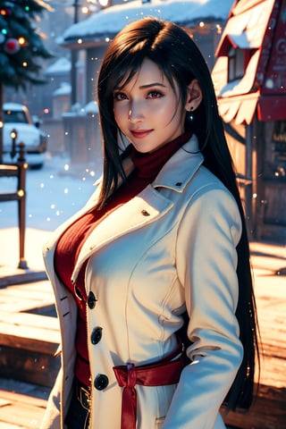 tifa, tifa FF7, tifa_lockhart, tifa lockhart, 1girl, black hair, long hair,very detailed image, curvy_figure, mixture of fantasy and realism, hdr, ultra hd, 4k, 8k,realhands,(Photorealistic: 1.4), top quality, very delicate and beautiful, high resolution,beautiful detailed red eyes, face light, high exposure,(big_breasts: 1.2), unreal engine 5, super realistic, wonder beauty ,1 girl, christmas, smiling, christmas_tree, slender, smiling, snowing, winter, winter_outfits, wool coat, shawl, new zealand, night,cliff hill and moutain background, turtleneck sweater, cottage