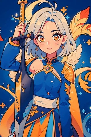 Highly detailed,high quality, beautiful,Masterpiece,(whole body)1girl,solo, orange eyes, mascara, blue hair, medium hair, loose hair,serene, big silver armor) Castle, detailed background, holding_sword, lost look