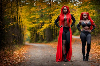 (((((Super Huge Muscles:1))))),(nsfw:1),In front of the autumn road, very long red hair Ridiculously long twintails,Long sleeves and super tight leggings,Very Dark Black Senegalese Black Female,(((big_boob:1.8))),big milf 