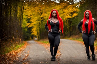 (((((Super Huge Muscles:1))))),(nsfw:1),In front of the autumn road, very long red hair Ridiculously long twintails,Long sleeves and super tight leggings,Very Dark Black Senegalese Black Female,(((big_boob:1.8))),big milf 