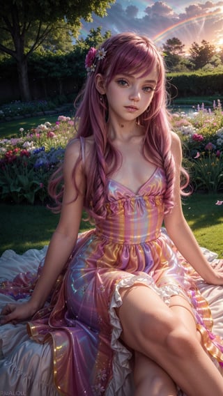 portrait of very young girl with vibrant magenta hair and mesmerizing eyes, wearing a flowing dress made of petals, in a serene garden filled with blooming flowers, a representation of beauty and grace, charming, cute, beautiful, ultra detailed, dream like shot, 8k, sunset,((holographic))), (((rainbowish))), (nude),AIDA_LoRA_sonm